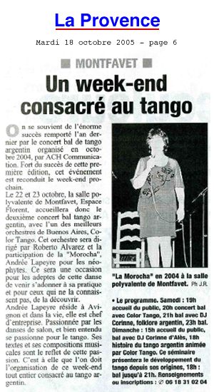 La Provence 18/10/2005 - Color Tango Avignon